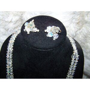 Vintage Crystal Necklace Earring Set Beaded 54" Clip